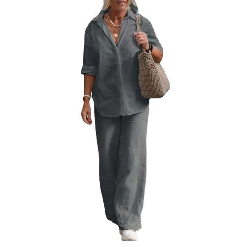 Women Fashion Casual Lapel Long-Sleeved Blouse Solid Color Pants Wide-Leg Set