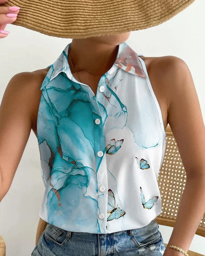 Summer Casual Fashion Strapless Abstract Print Women Shirt Blouse