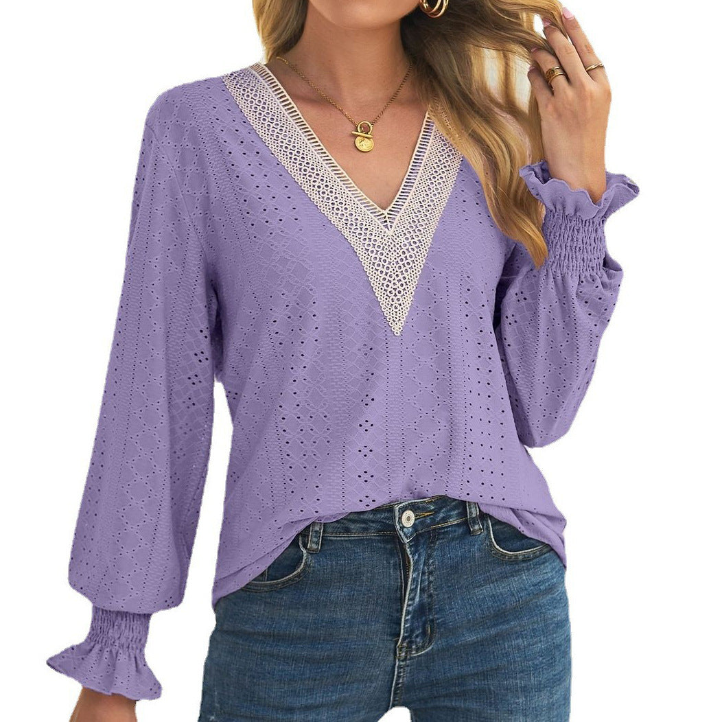 Women Fashion Casual Long-Sleeved Loose Hollow Lace V-Neck Blouse