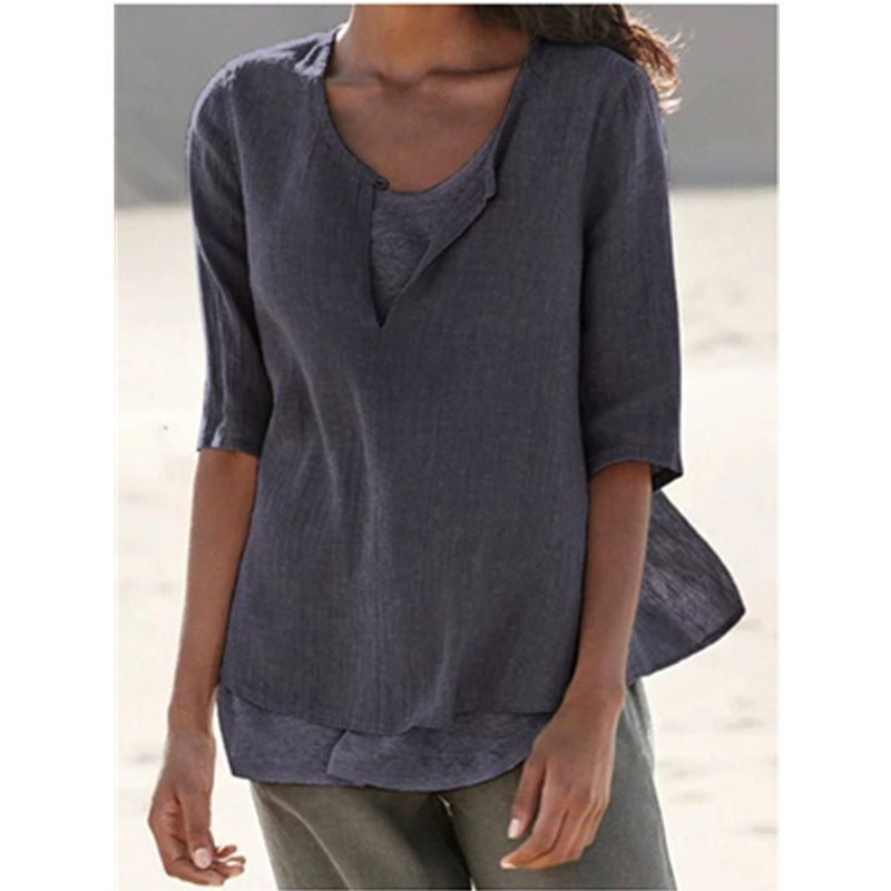 Women Casual V Neck Linen Solid Color Blouse