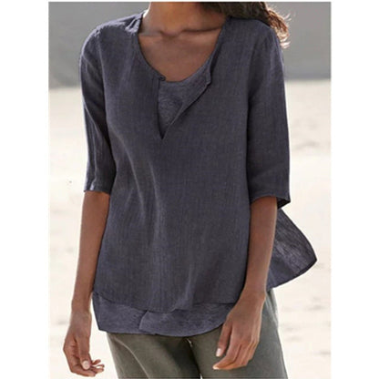 Women Casual V Neck Linen Solid Color Blouse