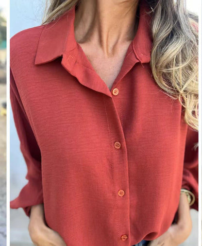 Women Fashion Casual Solid Color Lasel Long Sleeve Button Blouse