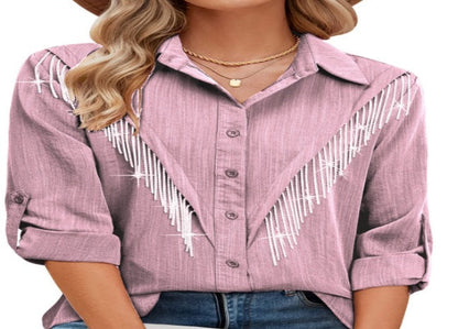 Women Fashion Casual Rhinestone Tassel Lapel Long Sleeve Blouse