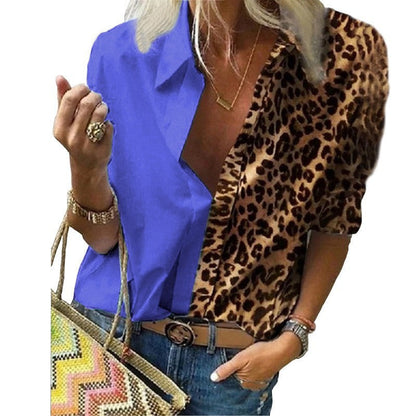 Women Casual Office Long Sleeve Shirt Leopard Print Contrast Loose Chiffon Blouse