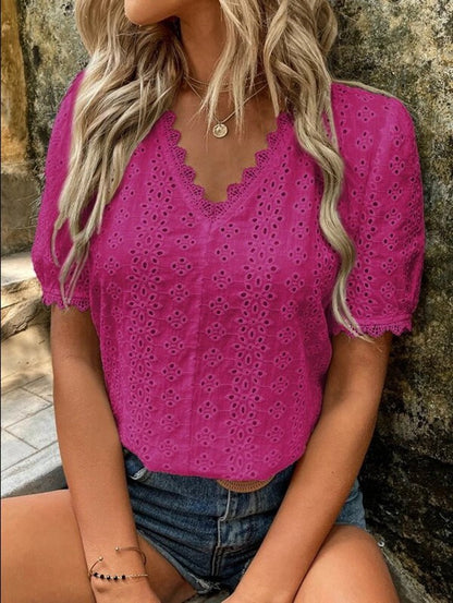 Women Casual Summer Solid Color Short Sleeve Hollow Blouse
