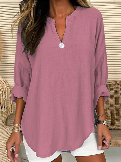 Women Casual Solid Color V-Neck One-Button Loose Blouse