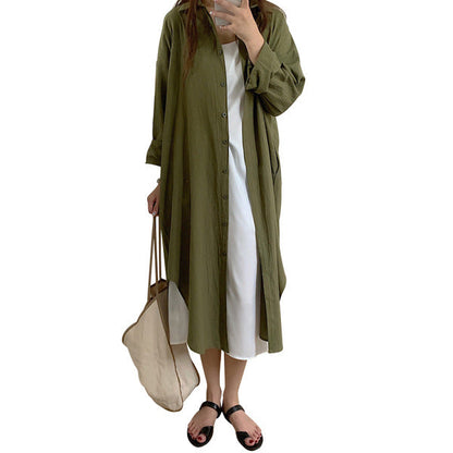 Women Casual Cozy Style Simple Ultra-Long Shirt Solid Color Lapel Cardigan Long Blouse