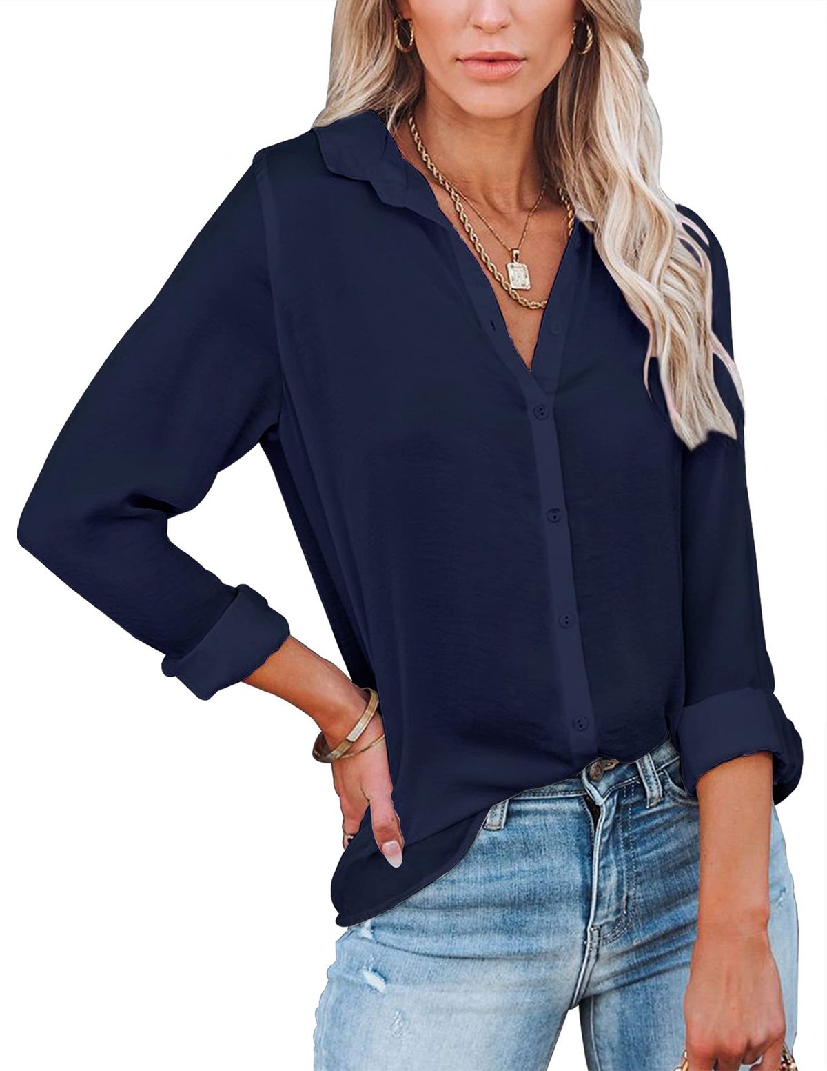 Women Casual Simple Solid Color Lapel Long Sleeve Blouse