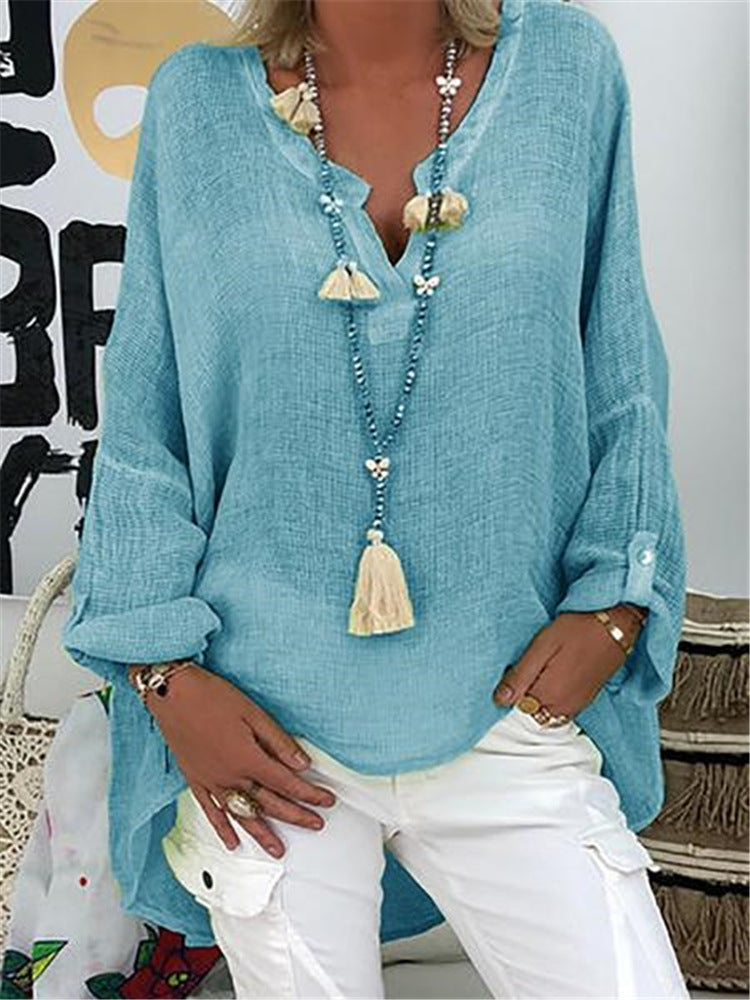 Plus Size Solid Long Sleeve Women Loose Casual V Neck Blouse