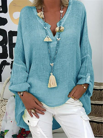 Plus Size Solid Long Sleeve Women Loose Casual V Neck Blouse