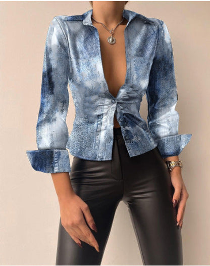 Women Fashion Casual Lapel V-Neck Long Sleeve Stitching Blouse