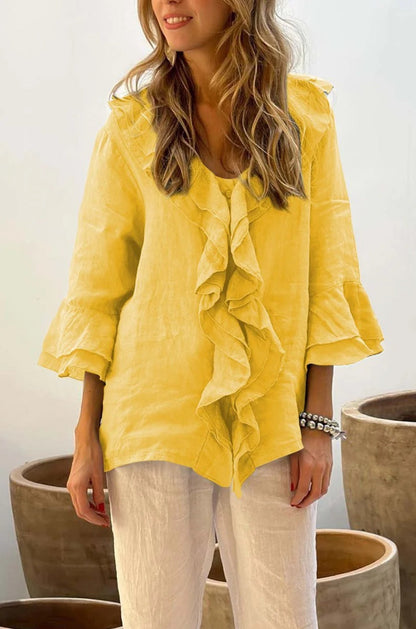 Women Fashion Casual Solid Color V-Neck Ruffled Long Sleeve Loose Blouse