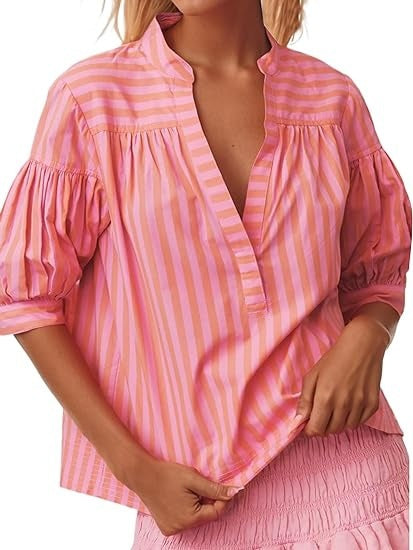 Women Fashion Casual Stripe Stitching V-Neck Long-Sleeve Blouse