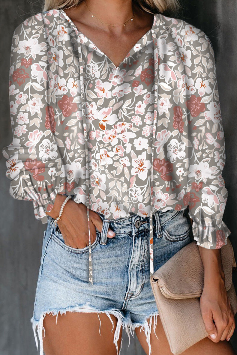 Women Fashion Casual Floral Printed V-Neck Long Sleeve Blouse