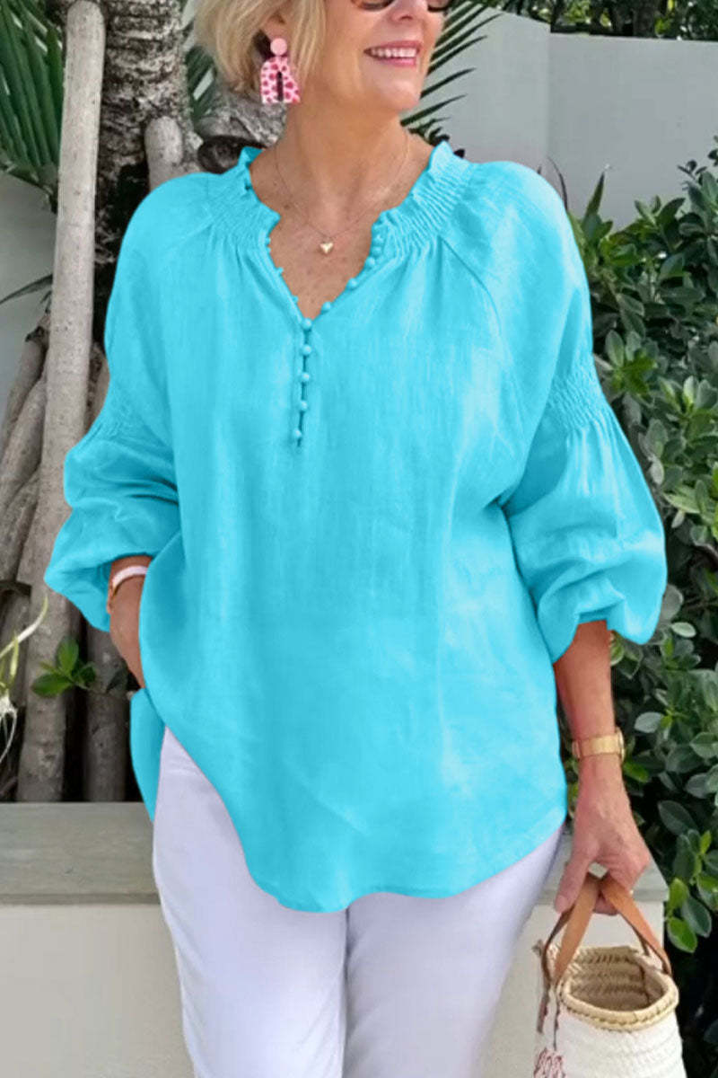 Women Fashion Casual Solid Color Cotton And Linen V-Neck Long Sleeve Blouse