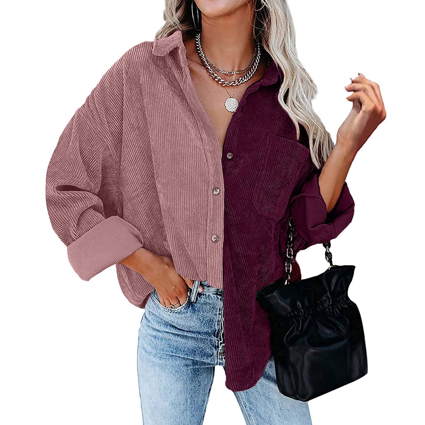 Women Casual Color Blocking Long Sleeve Lapel Single-breasted Patchwork Blouse