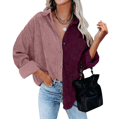 Women Casual Color Blocking Long Sleeve Lapel Single-breasted Patchwork Blouse