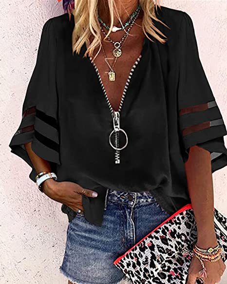 Casual V Neck Women Half Zipper Flare Sleeve Blouse