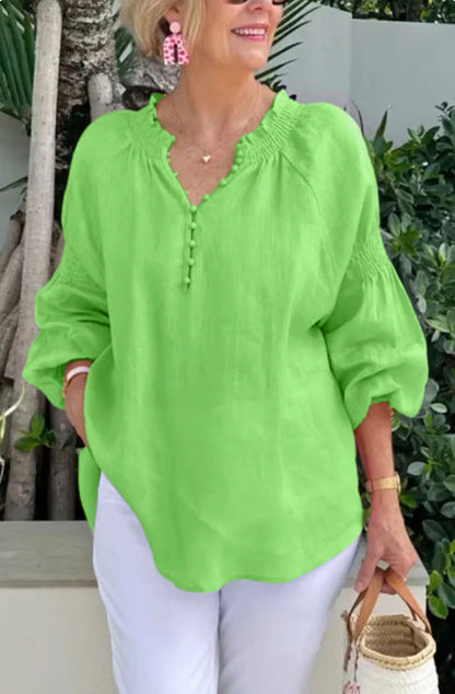 Women Fashion Casual Solid Color Cotton And Linen V-Neck Long Sleeve Blouse