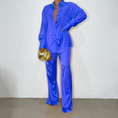 Summer Women Casual Basic Fashion Multicolor Satin Loose Long Sleeves Blouse And Pants Set