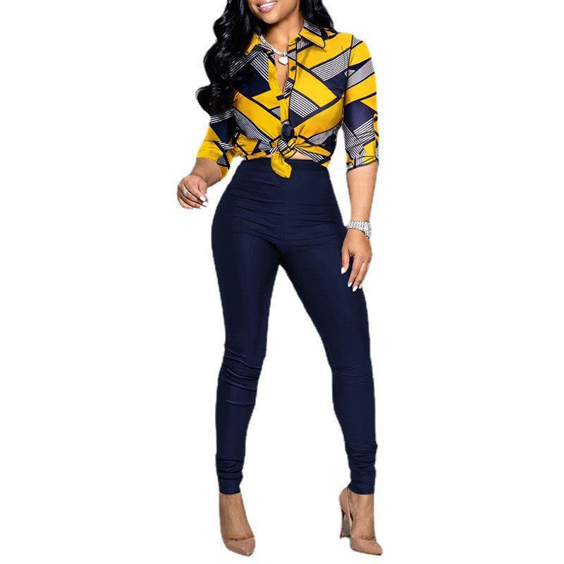 Women Fashion Casual Color-Block Printed Long-Sleeve Blouse Shirt Casual Pants Two-Piece Set