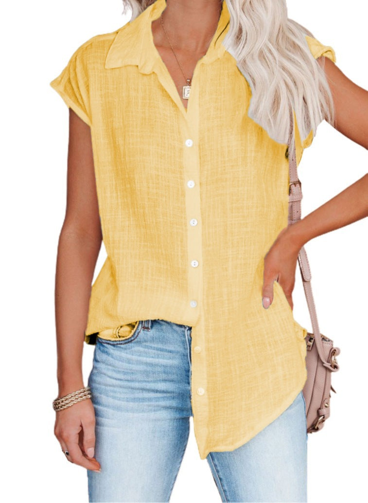 Women Casual Loose Solid Color Single-Breasted Lapel Sleeveless Blouse