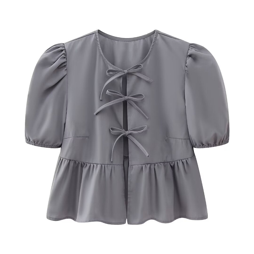 Women Sweet Casual Puff Sleeve Bow Knot Ruffled Stripe Leopard Blouse