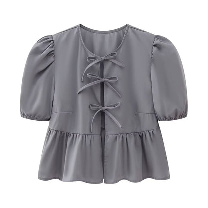 Women Sweet Casual Puff Sleeve Bow Knot Ruffled Stripe Leopard Blouse