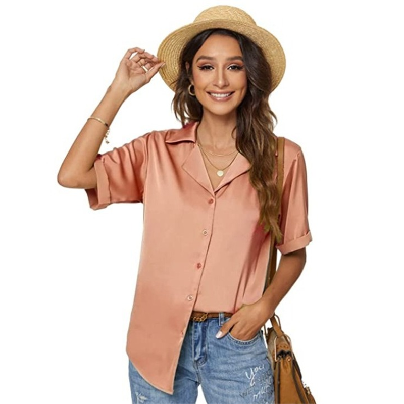 Women Elegant Office Basic Short Sleeve Satin Summer Solid Color Casual Single-breasted Loose Blouse