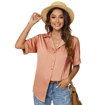 Women Elegant Office Basic Short Sleeve Satin Summer Solid Color Casual Single-breasted Loose Blouse