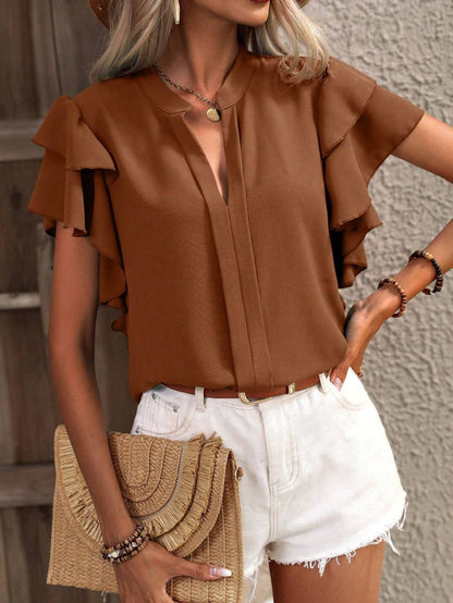 Women Casual Solid Color Summer V-Neck Double-Layer Lotus Leaf Sleeve Blouses