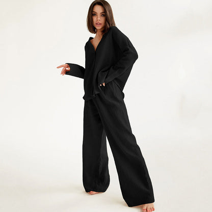 Women Fashion Casual Loose Solid Color Cotton Blouse Top Pants Home Pajamas Two-Piece Set
