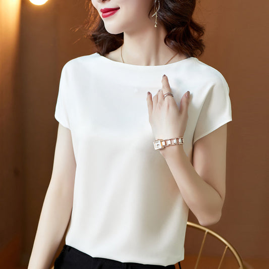 Office Women Basic Elegant Summer Short Sleeves Fashion Solid Color Casual Loose Satin Blouse