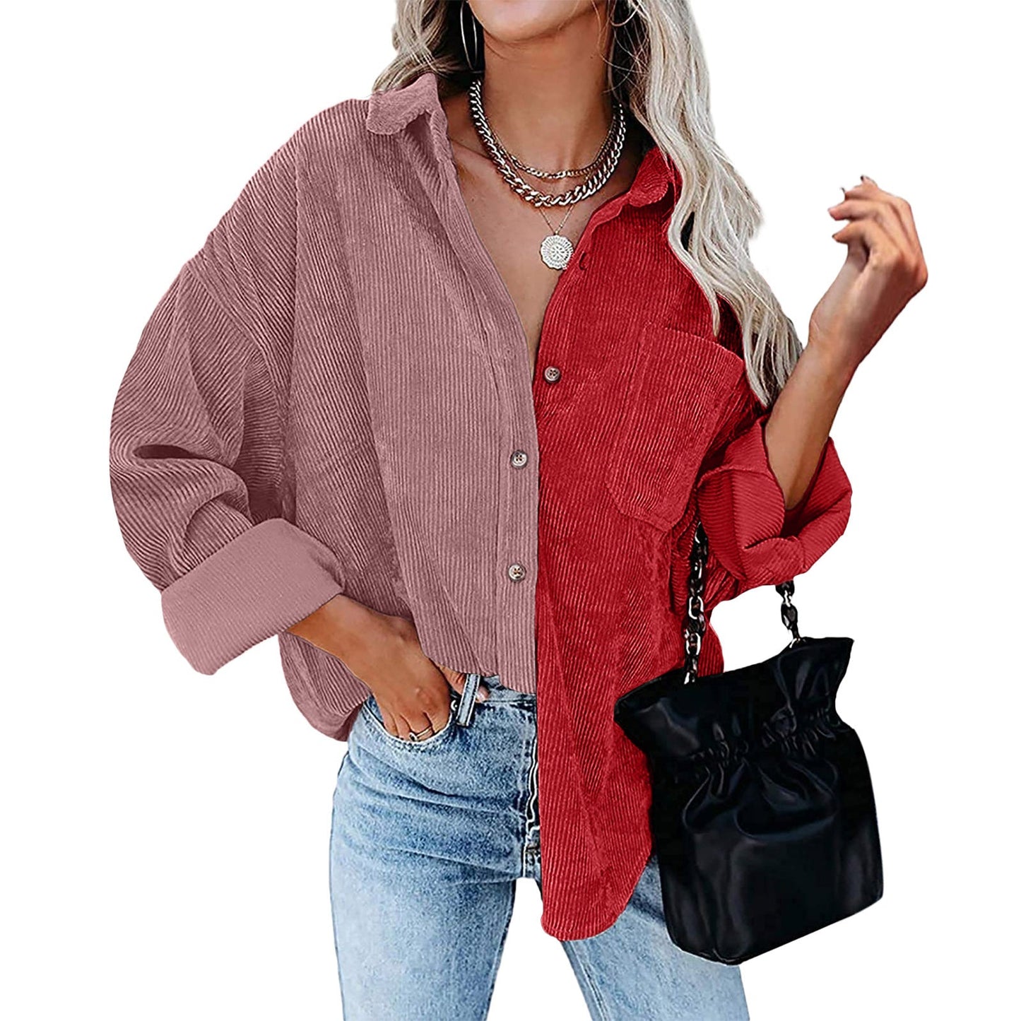 Women Casual Color Blocking Long Sleeve Lapel Single-breasted Patchwork Blouse