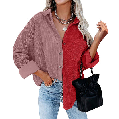 Women Casual Color Blocking Long Sleeve Lapel Single-breasted Patchwork Blouse
