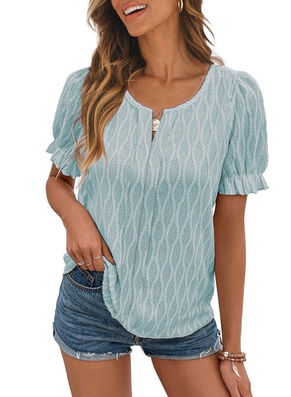 Women Fashion Casual Solid Color Jacquard V-Neck Puff Sleeve Blouse