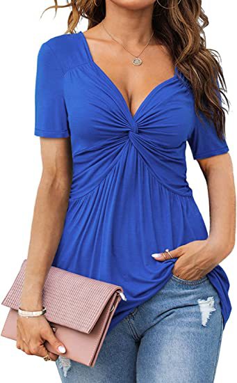Women Fashion Casual Pleated Solid Color V-Neck Short-Sleeve Blouse