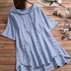 Women Casual Summer Short Sleeves Plus Size Round Neck Loose Hooded Blouse