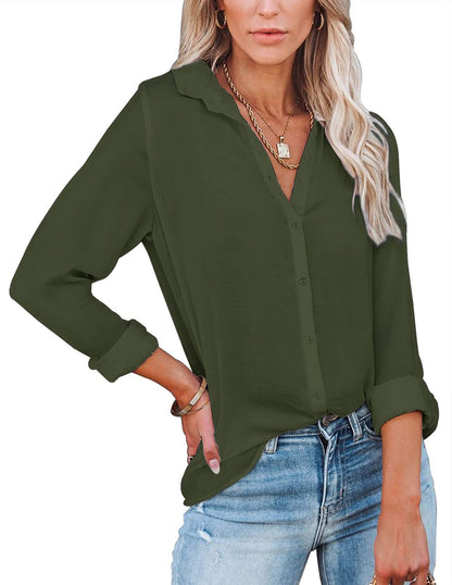 Women Casual Simple Solid Color Lapel Long Sleeve Blouse