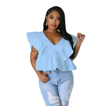Women Fashion Casual Vacation Creased Floral Printed Lace Up V-Neck Short Sleeve Blouse