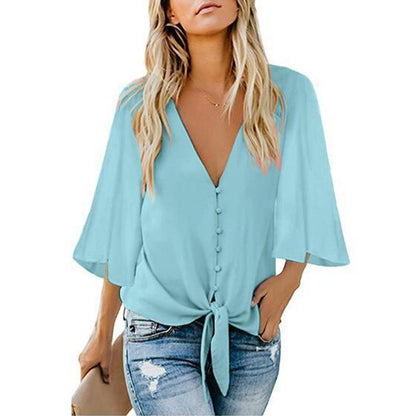 Women Fashion Casual Solid Color V-Neck Button Lace-Up Blouse