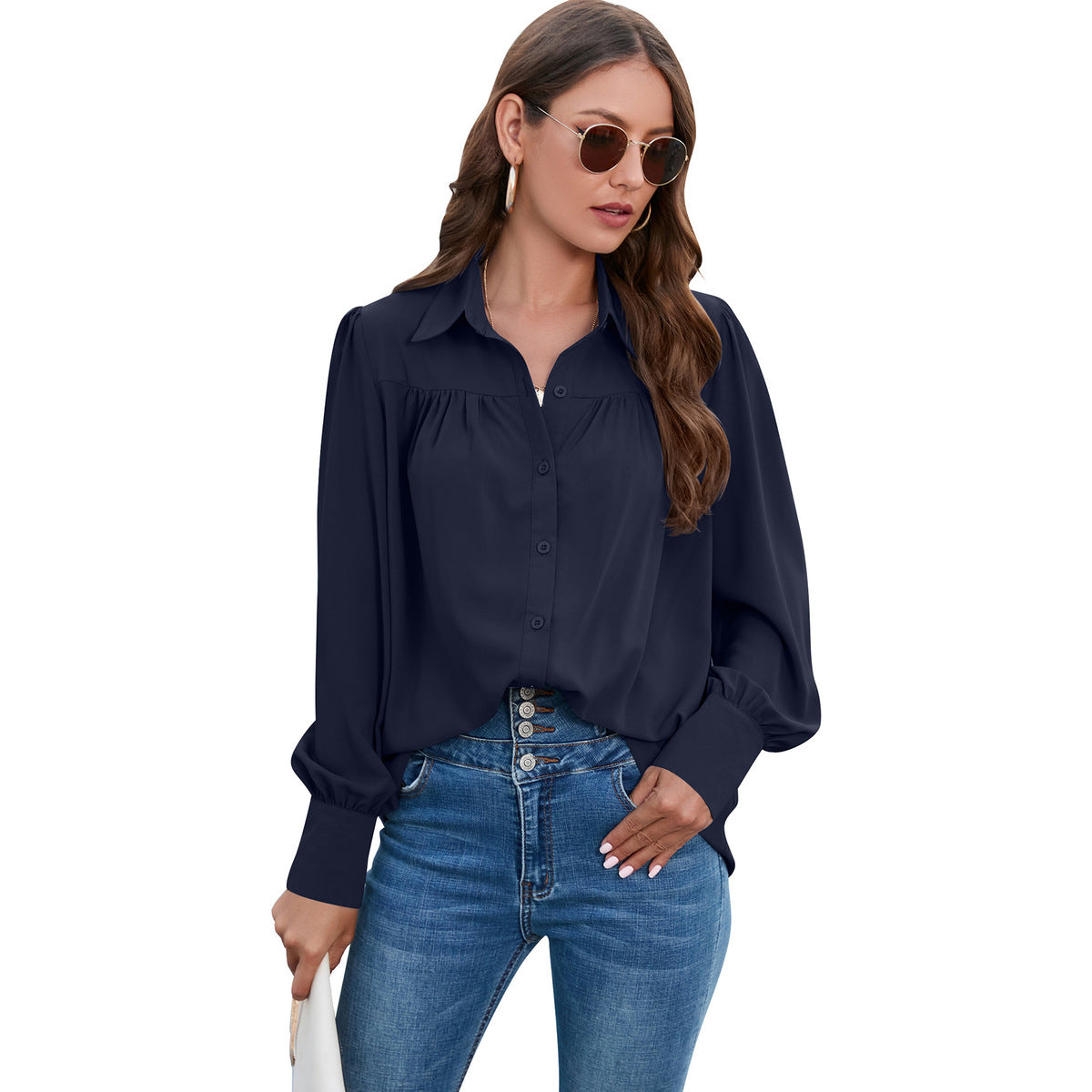 Women Casual Solid Color Chiffon Pleated Long Sleeve Plus Size Blouse