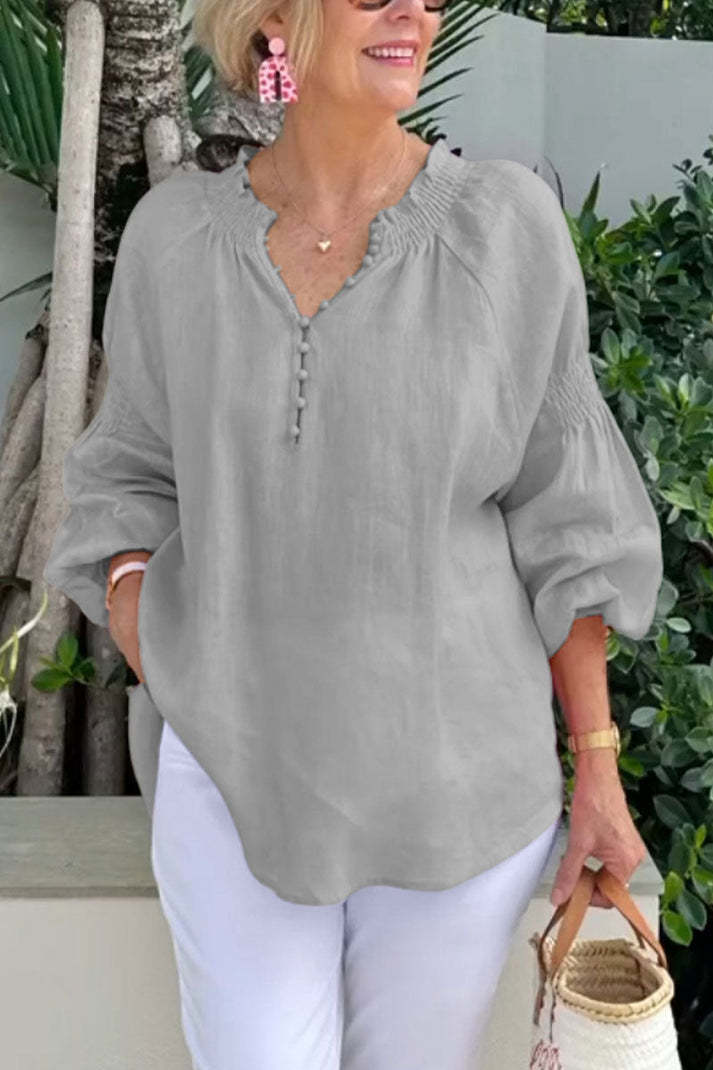 Women Fashion Casual Solid Color Cotton And Linen V-Neck Long Sleeve Blouse
