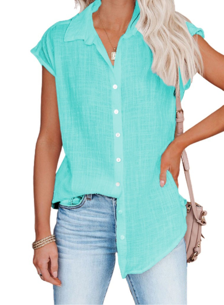 Women Casual Loose Solid Color Single-Breasted Lapel Sleeveless Blouse