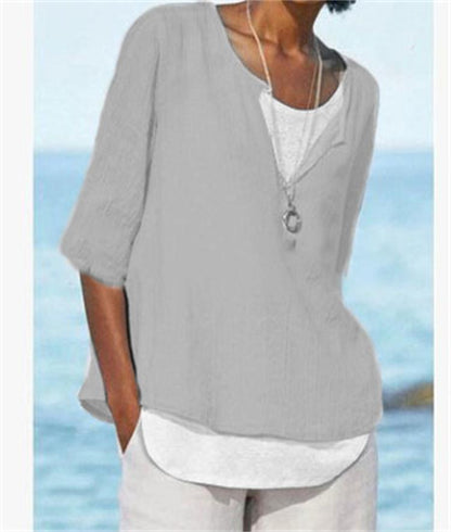 Women Casual V Neck Linen Solid Color Blouse