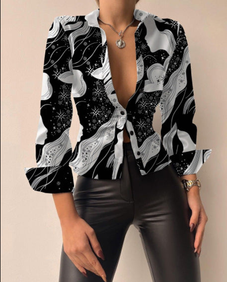 Women Fashion Casual Lapel V-Neck Long Sleeve Stitching Blouse