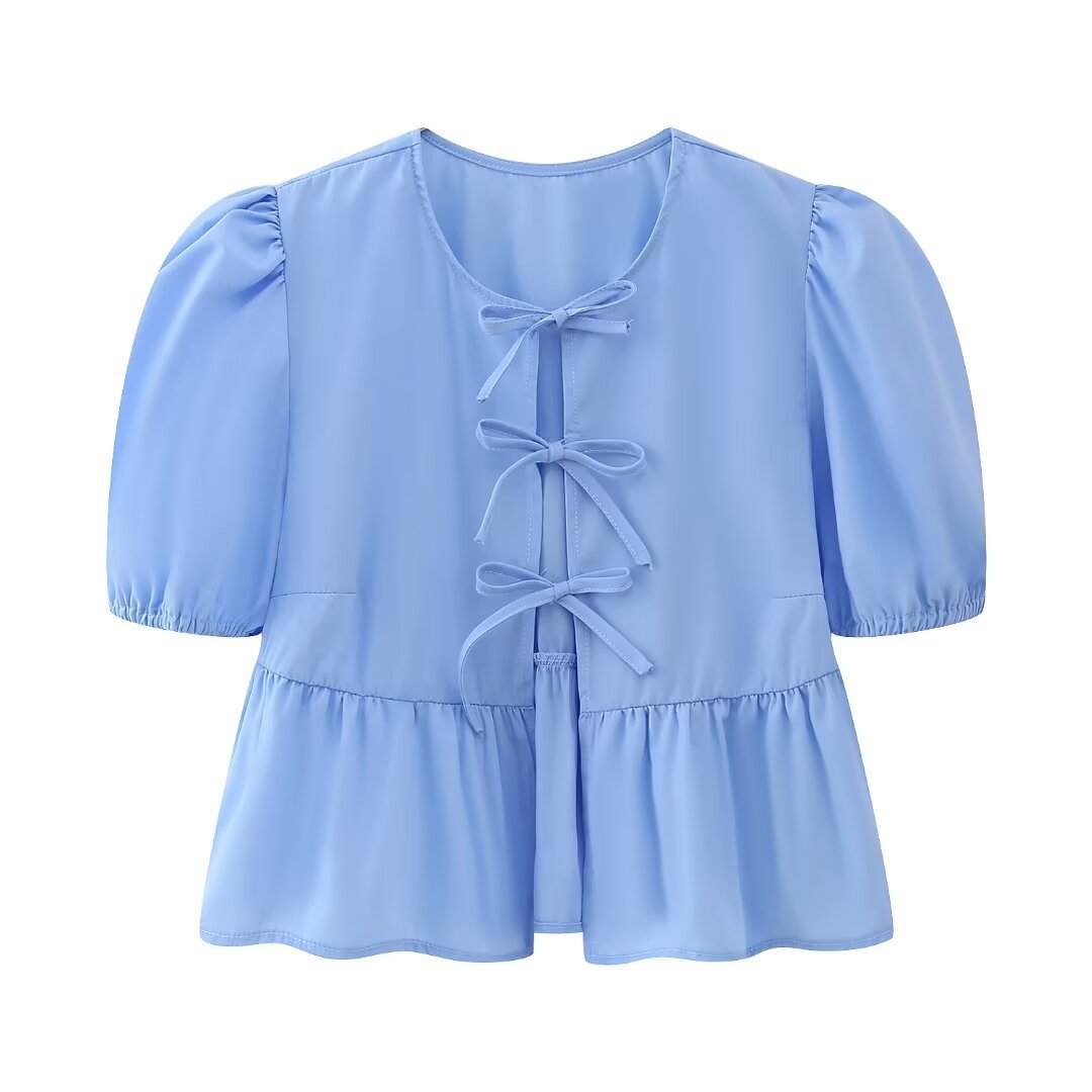 Women Sweet Casual Puff Sleeve Bow Knot Ruffled Stripe Leopard Blouse