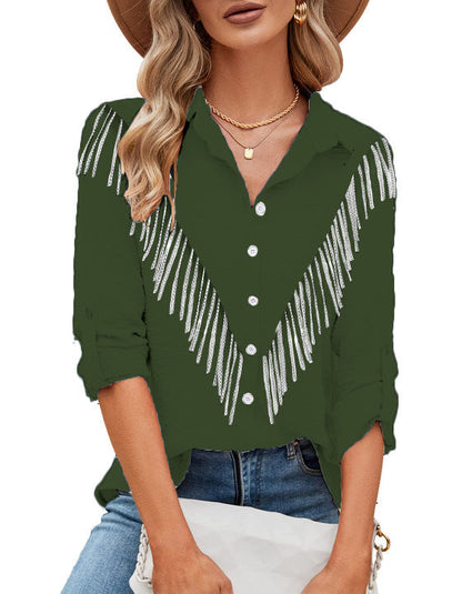 Women Fashion Casual Rhinestone Tassel Lapel Long Sleeve Blouse