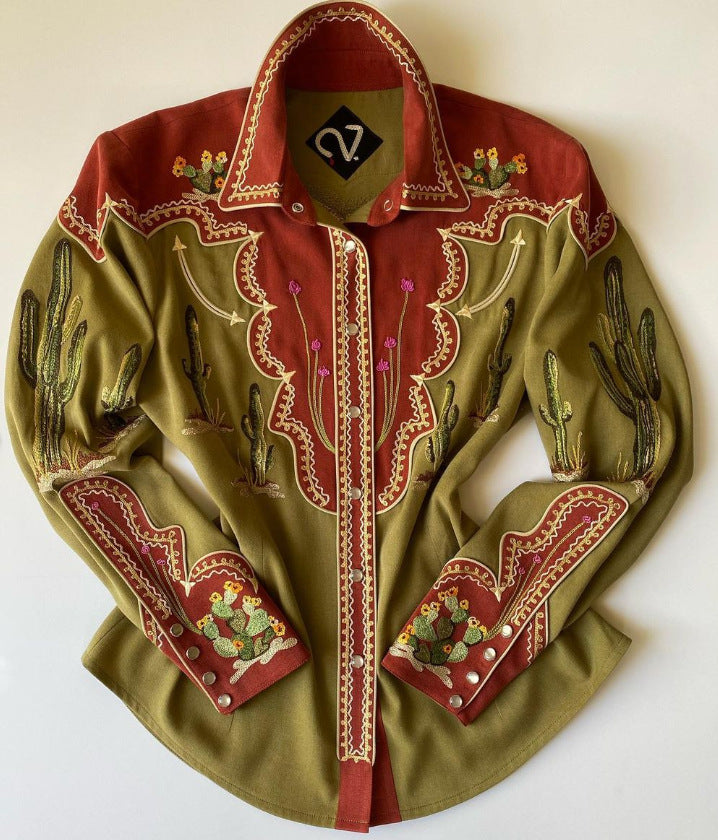 Women Casual Western Geometric Pattern Printed Lapel Long-Sleeve Single Breasted Blouse