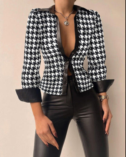 Women Fashion Casual Lapel V-Neck Long Sleeve Stitching Blouse